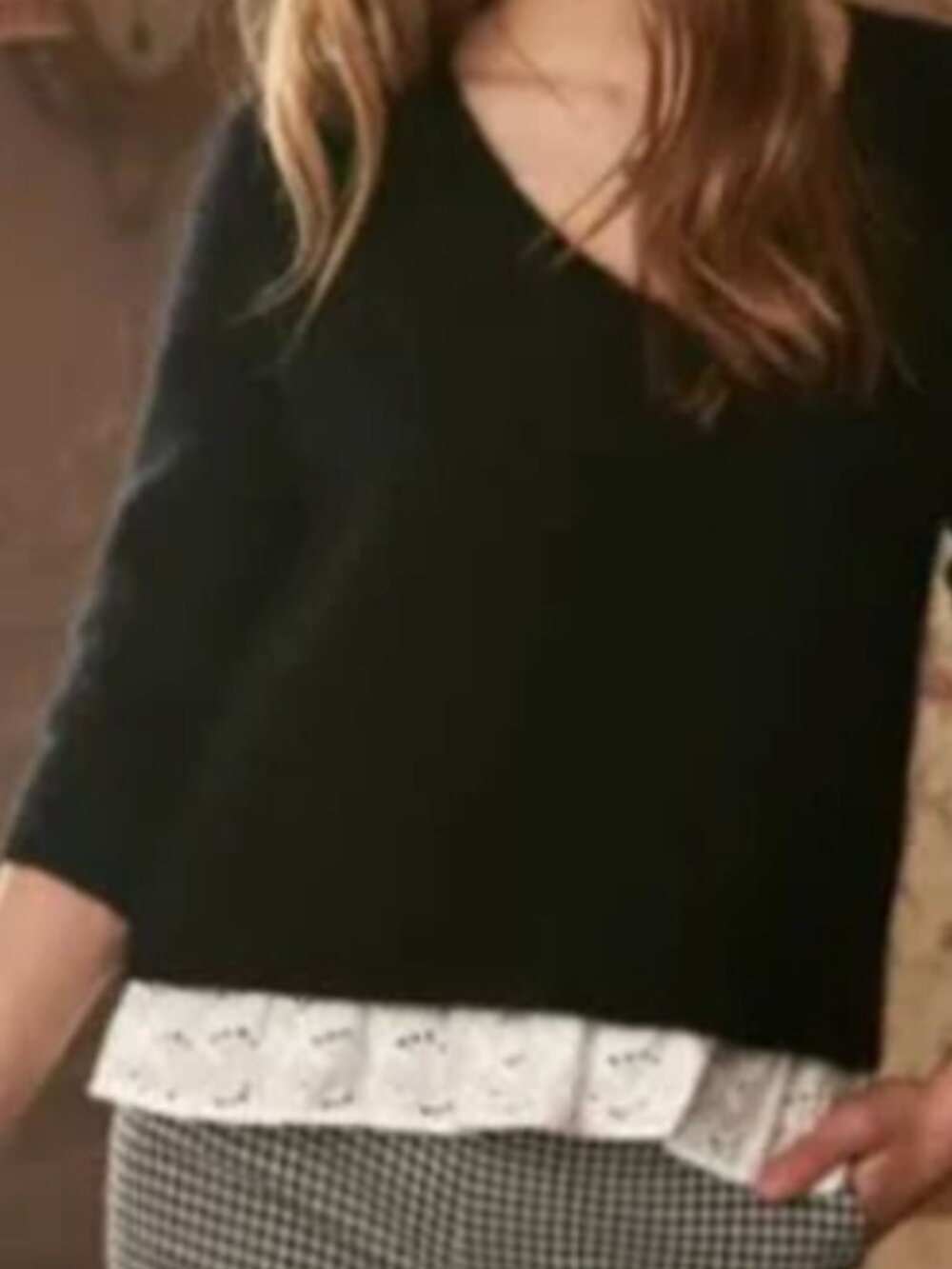 Sézane Black V-neck sweater with broderie anglaise hem Size M